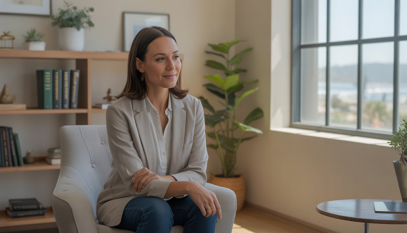 A female therapist sitting in a bright, comfortable office with a window showing a sunny coastal city view.