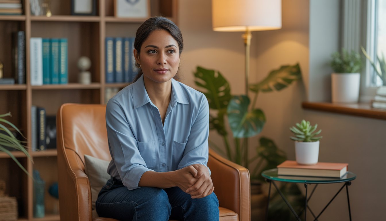 A confident therapist sitting in a comfortable chair in a warmly lit office with bookshelves and plants.