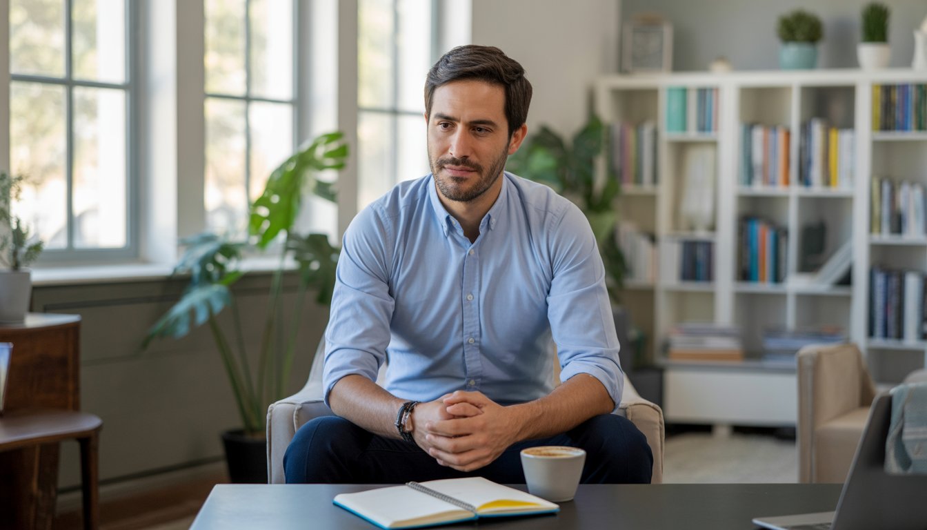 A male therapist sitting in a bright, comfortable office with bookshelves and plants, looking warm and approachable.