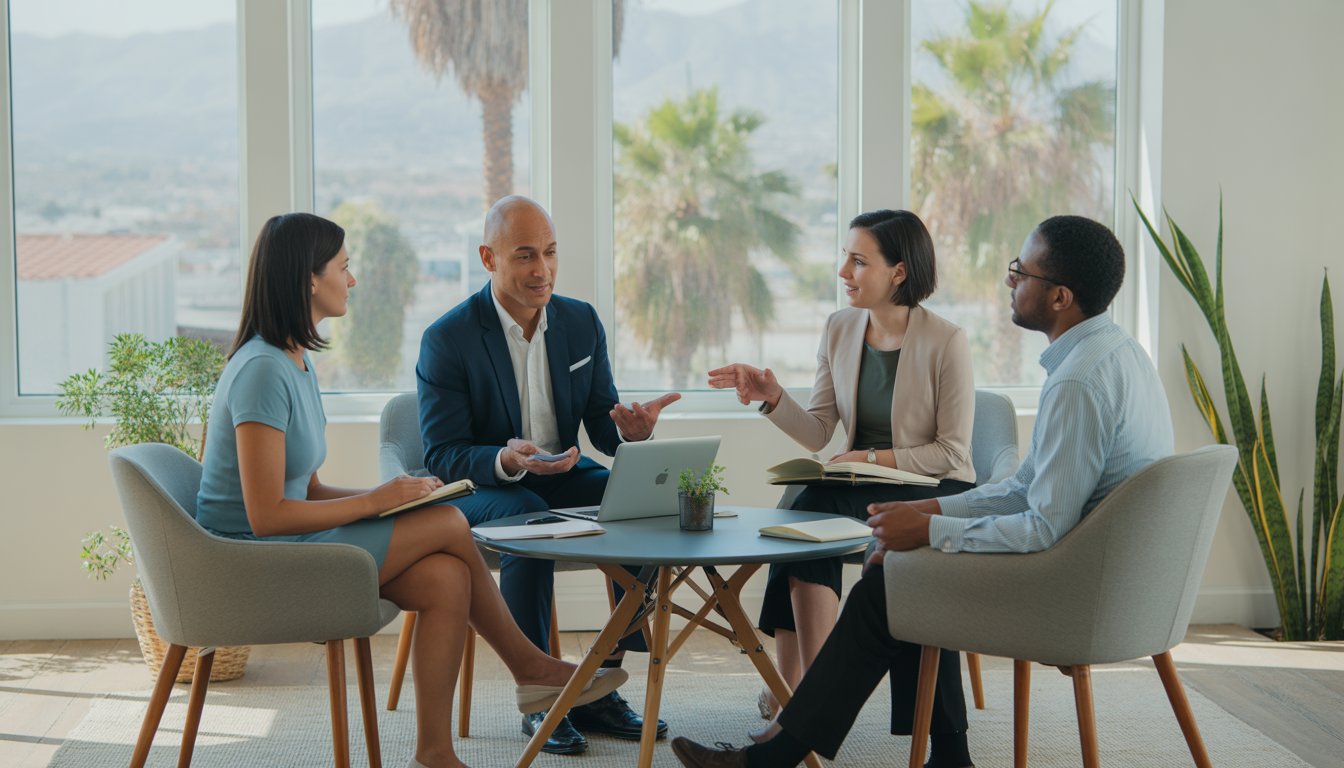 Four therapists sitting around a table in a bright office, engaged in a discussion with a view of palm trees outside.