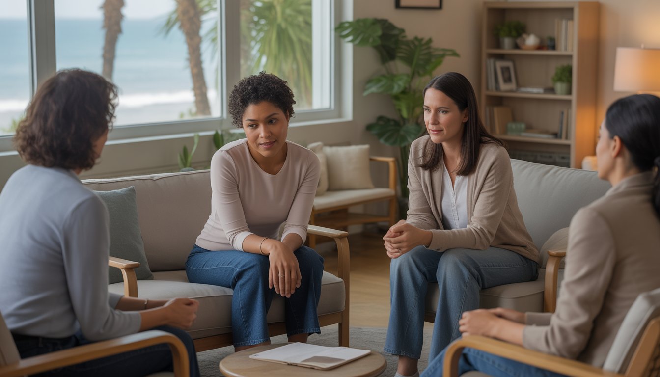 A therapist and client having a supportive conversation in a bright, comfortable therapy office with a view of the Santa Monica coastline.