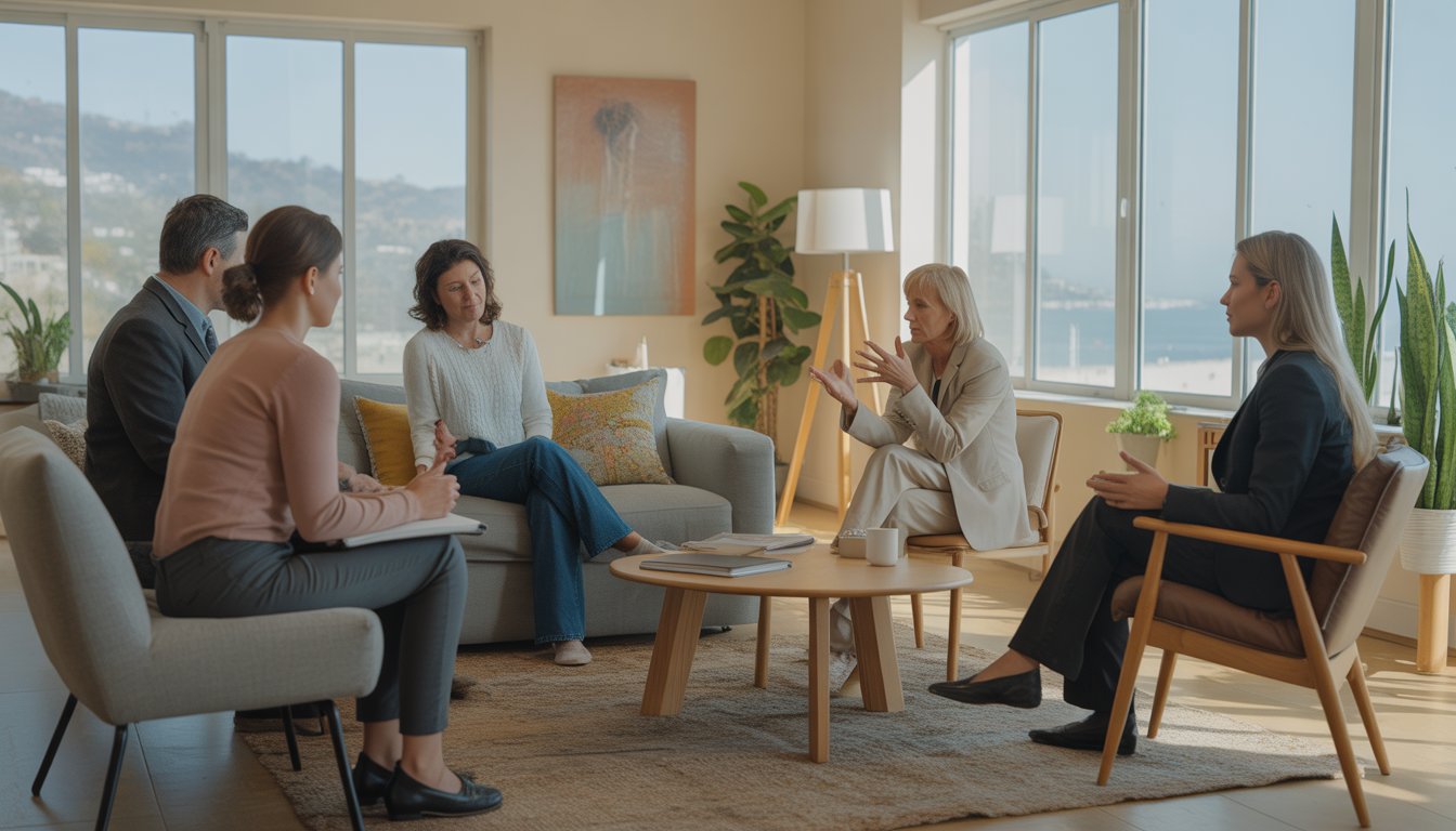 A therapist listens attentively to a client in a bright therapy office with a view of Santa Monica outside.