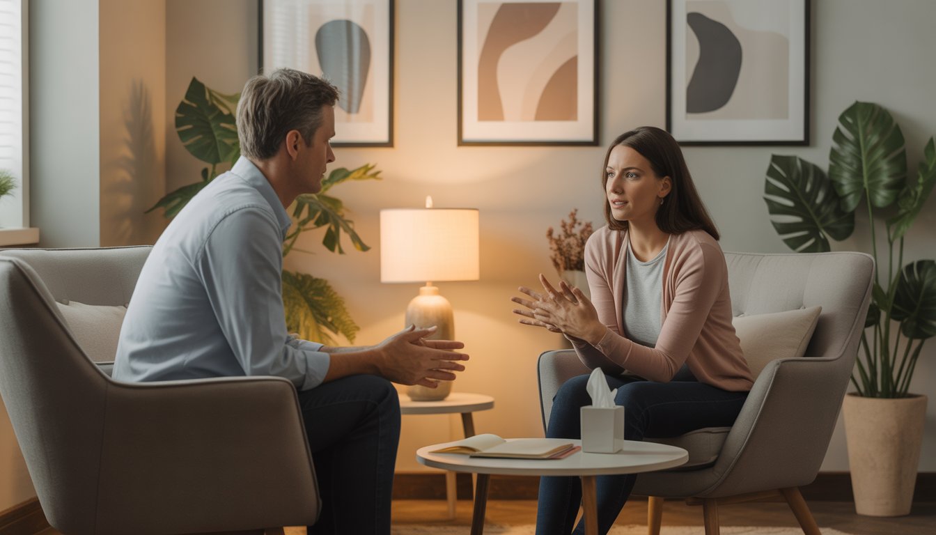 A therapist and a client engaged in a supportive counseling session in a comfortable office.