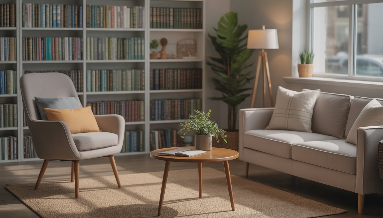 A calm and cozy therapy office with comfortable chairs, a coffee table, and a bookshelf, with a window showing a peaceful neighborhood outside.