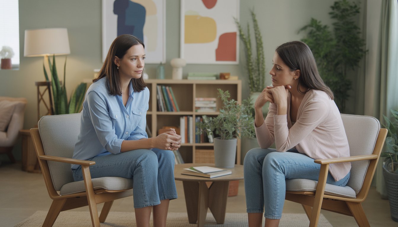 A therapist attentively listening to a client in a comfortable counseling office.