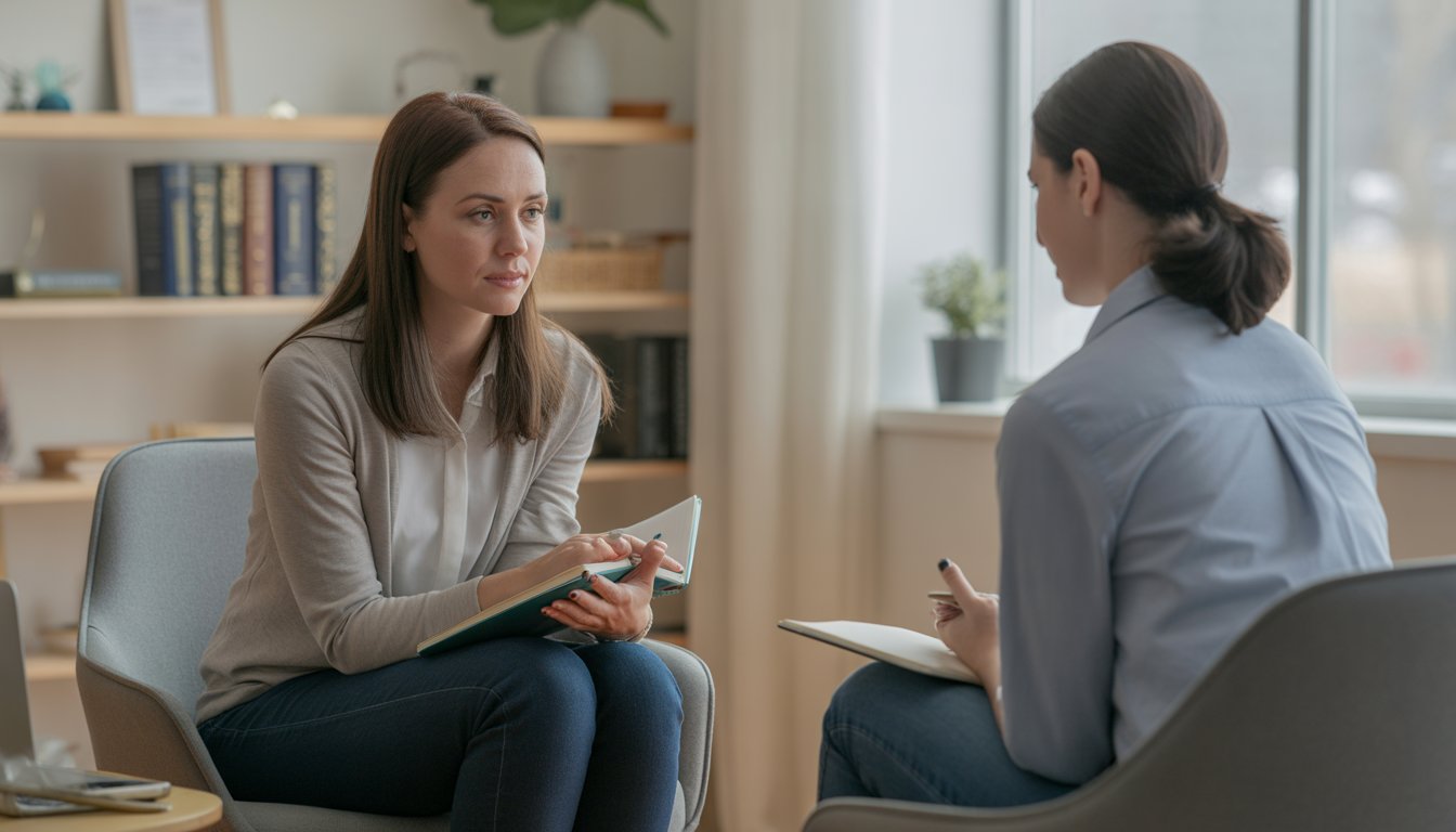 A therapist and client engaged in a supportive conversation in a bright, comfortable therapy office.
