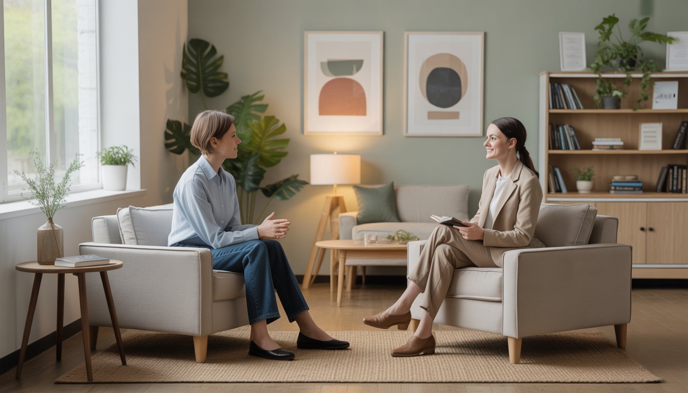 A therapist and client sitting in a bright, comfortable counseling room engaged in a supportive conversation.