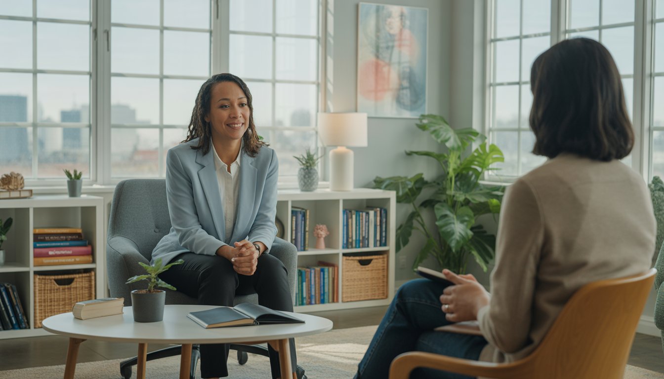 A therapist and client having a supportive conversation in a bright, welcoming therapy office with a view of Madison city in the background.