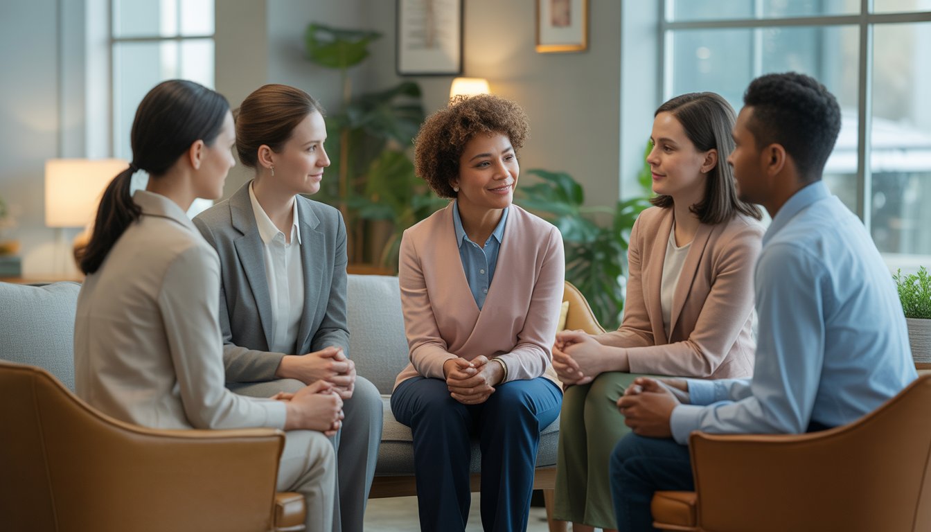 A group of therapists in a bright, comfortable office talking supportively in a calm and welcoming therapy room.