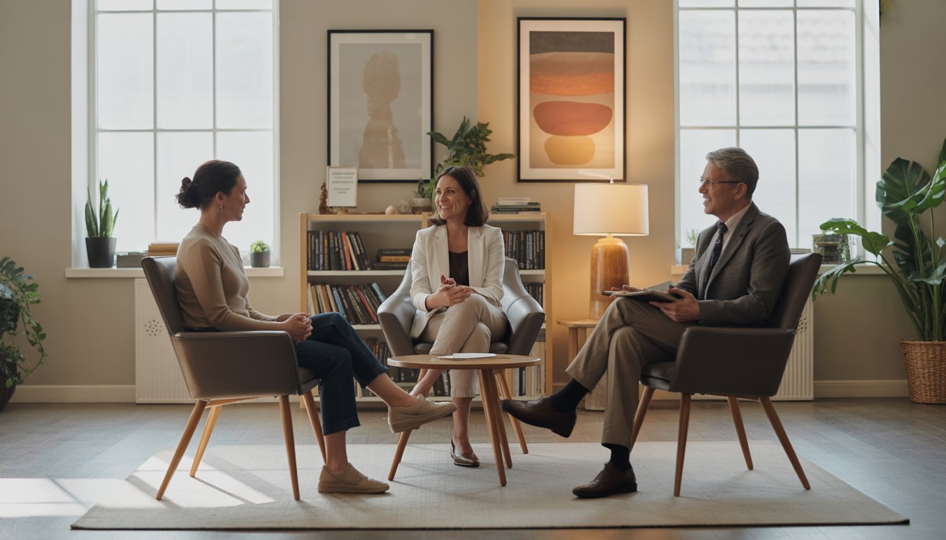 Two therapists talking with a young woman in a bright, comfortable therapy office.