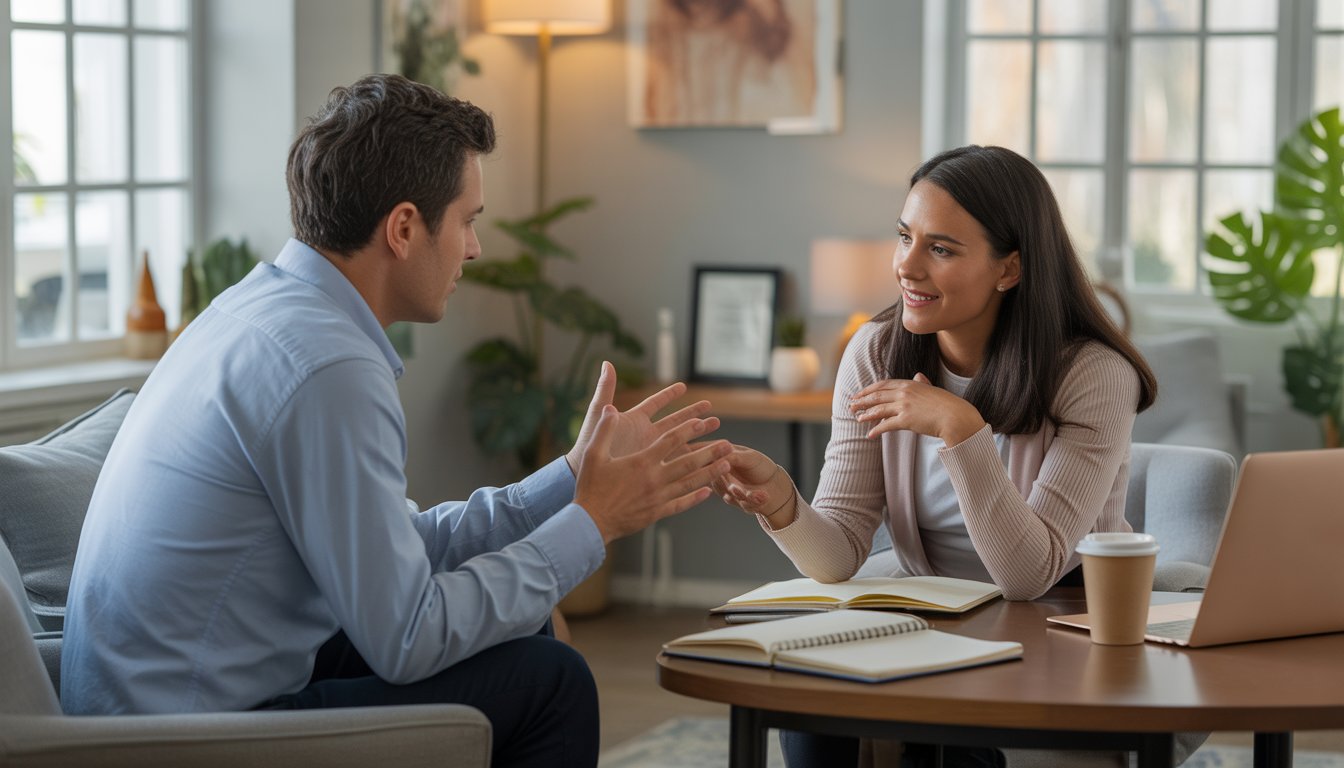 Two counselors attentively talking with a client in a bright, comfortable therapy office.