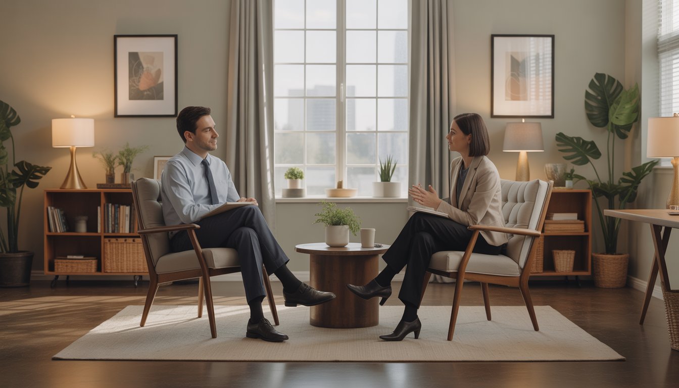 Two therapists having a supportive conversation in a comfortable office with a view of Sacramento in the background.