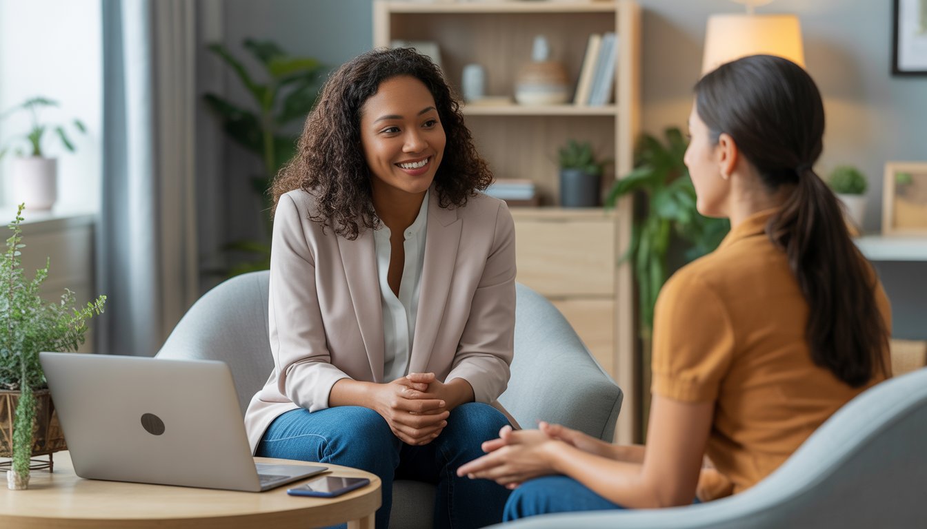 A therapist and client having a supportive conversation in a comfortable office with a laptop and smartphone nearby, with a city view in the background.