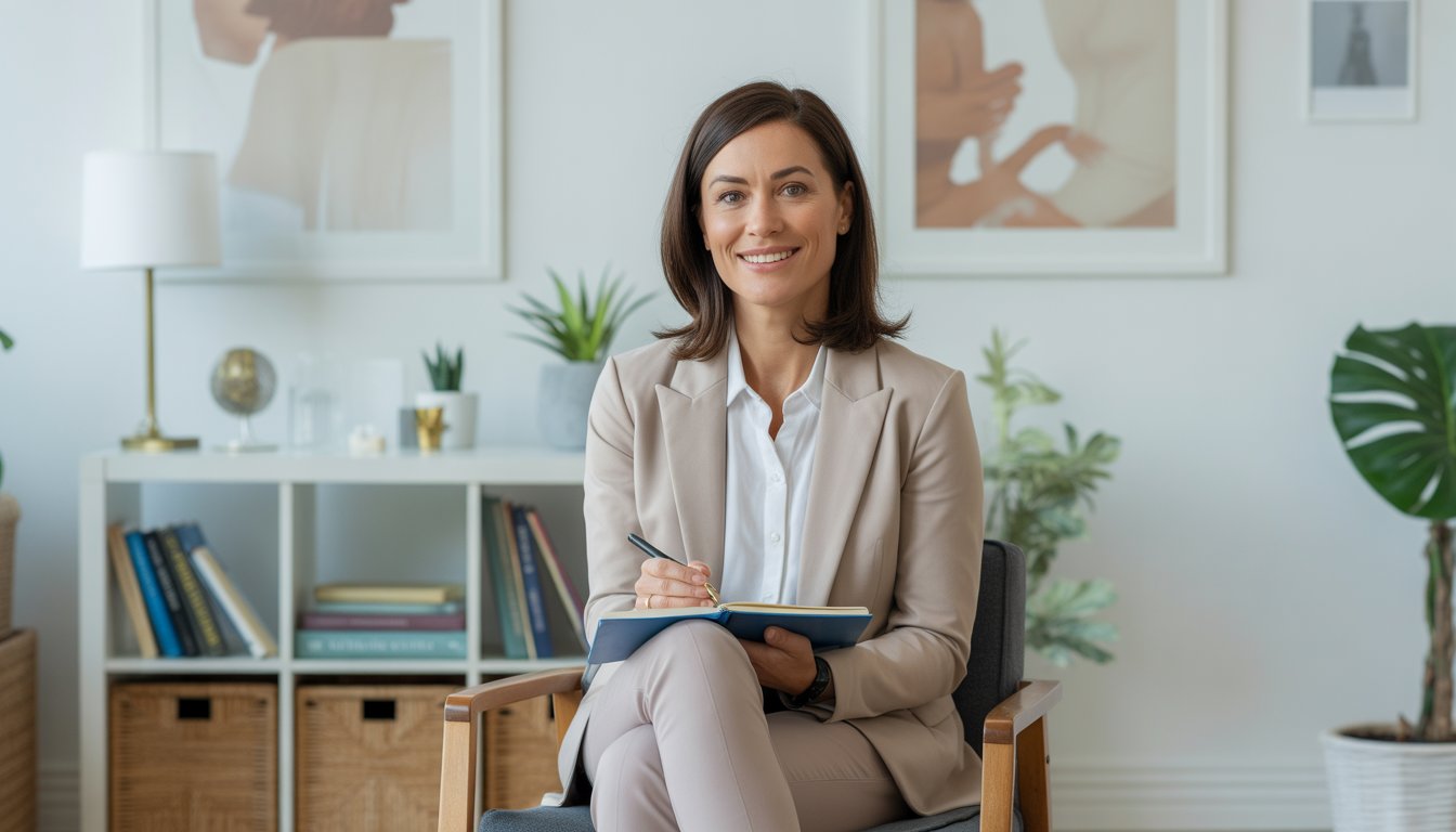 A woman therapist sitting in a bright counseling office, holding a notebook and pen, ready to provide support.