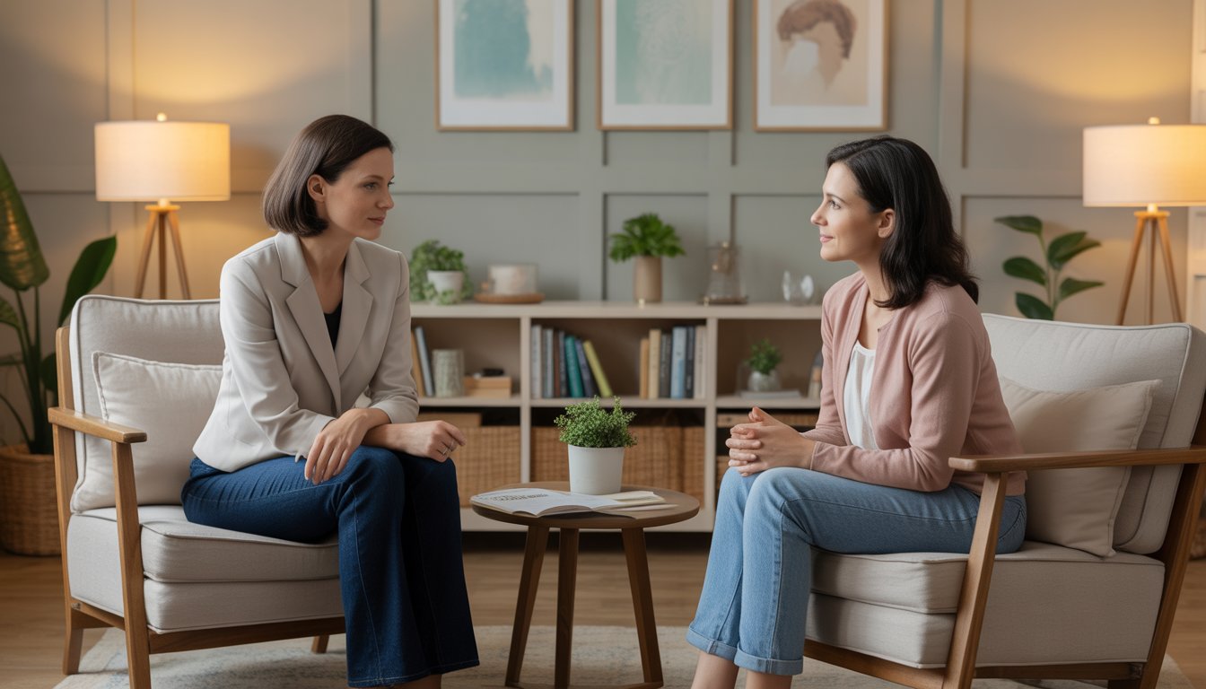 A therapist attentively listening to a client in a cozy, well-lit counseling room.