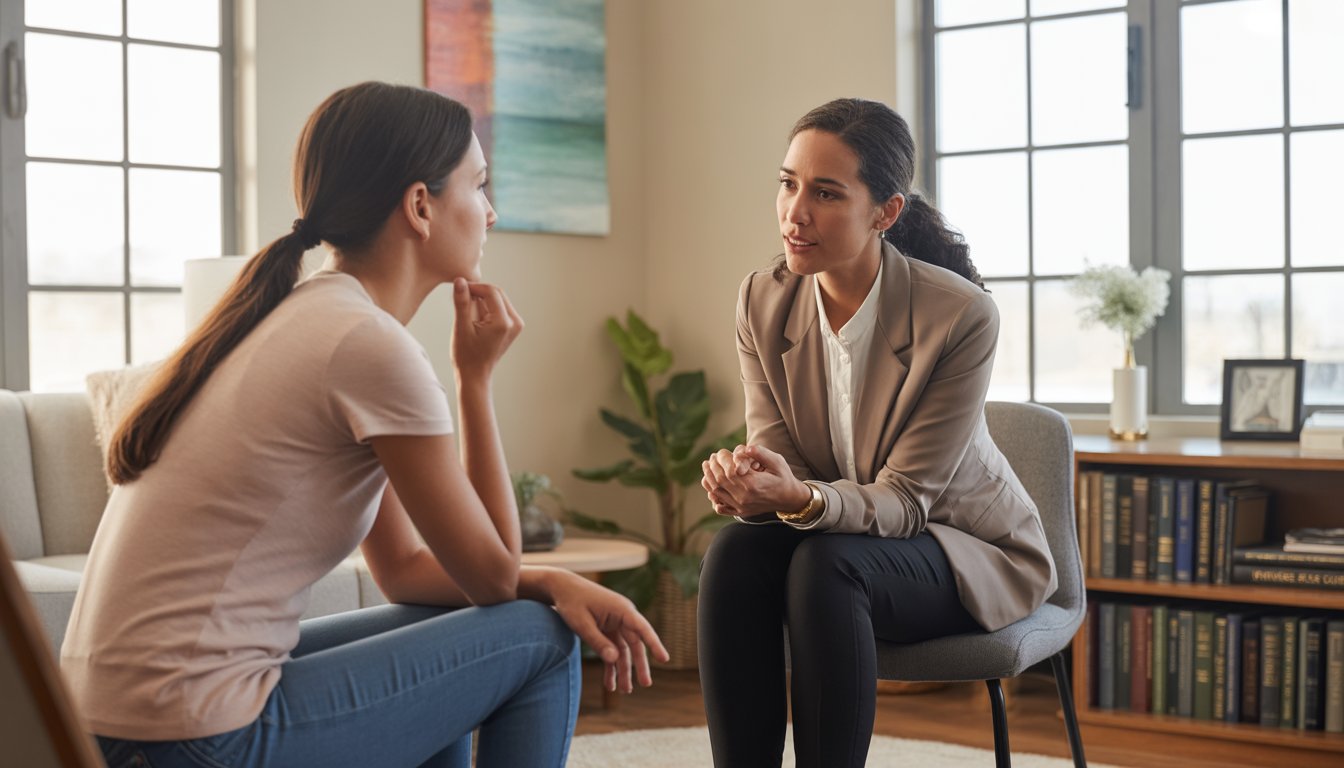 A female recovery coach attentively listening to a female client during a therapy session in a bright, welcoming office.