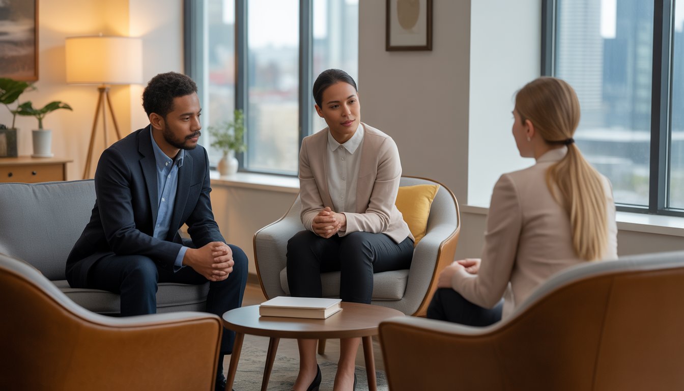 Two therapists talking with a client in a bright, modern therapy office with large windows showing a city view.