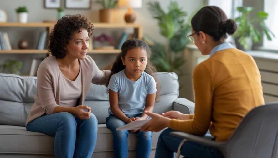 A therapist attentively supporting a parent and child during a counseling session in a warm, welcoming office.