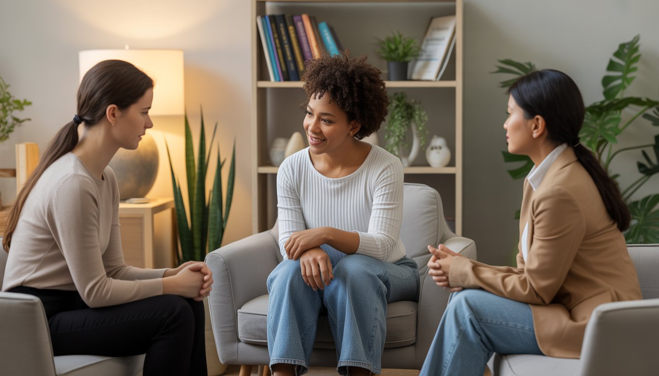 A therapist and client engaged in a supportive counseling session in a comfortable, well-lit therapy office.