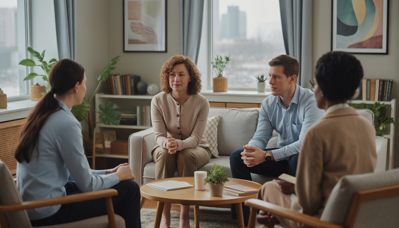 A therapy office with two therapists talking supportively to an adult client in a calm, comfortable room.