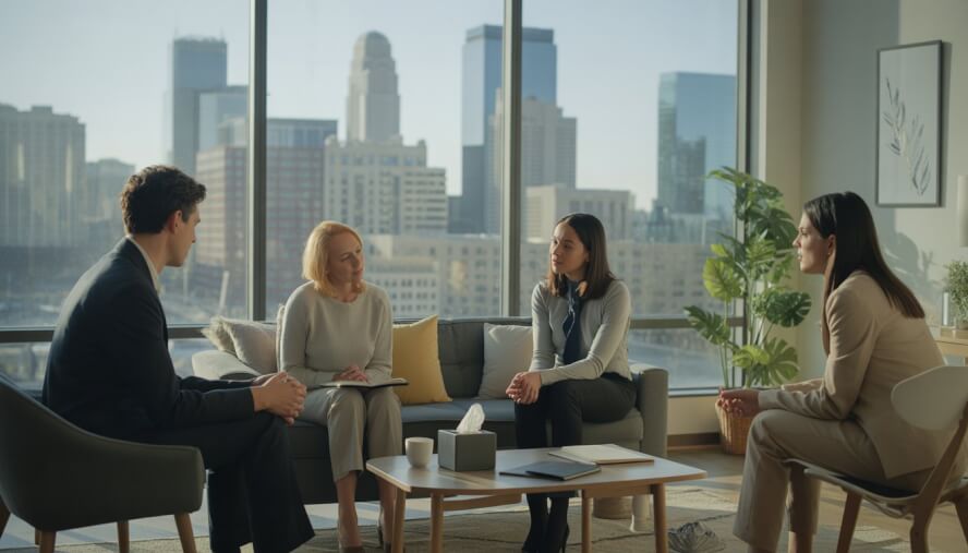 Two therapists talking with a client in a bright therapy room overlooking downtown Minneapolis.