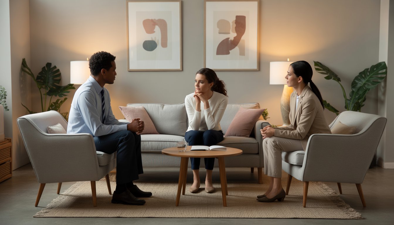 A therapy office with two therapists talking supportively to a woman client in a calm, comfortable setting.