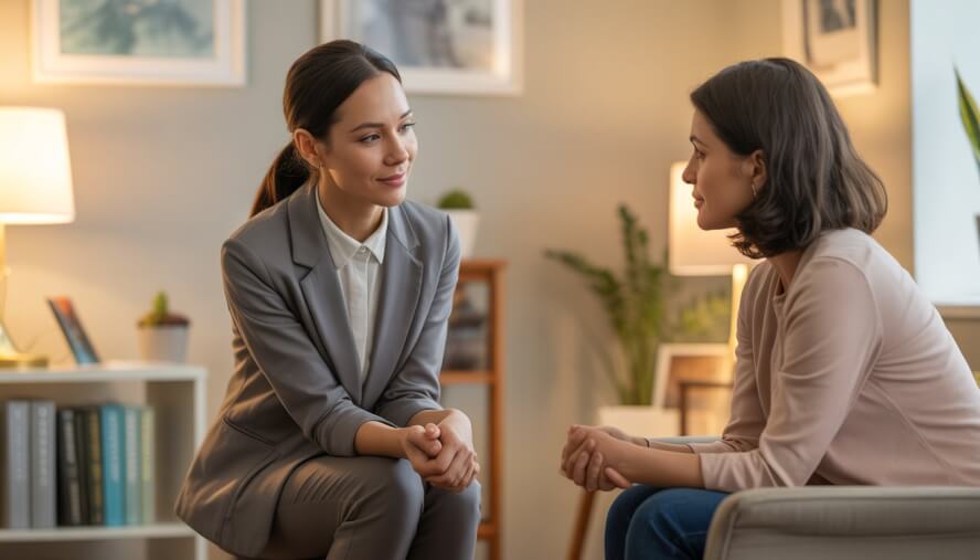 A therapist attentively listening to a woman client in a calm and welcoming therapy office.