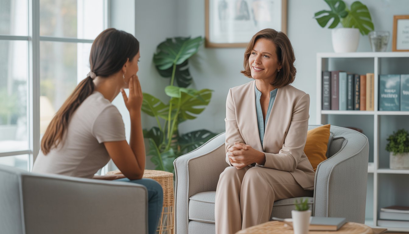 A therapist attentively listening to a client in a bright, welcoming therapy office.
