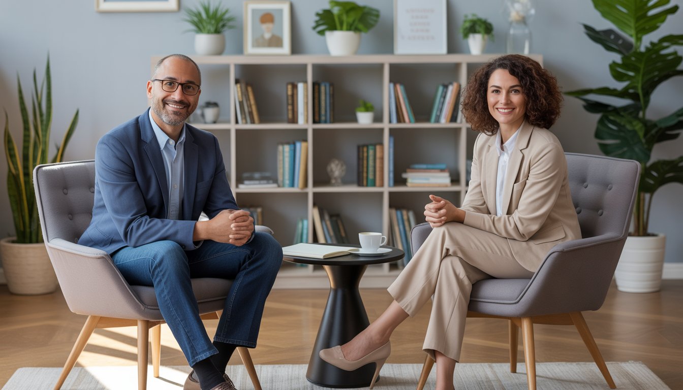 Two therapists sitting in a modern office, engaged in a supportive conversation.