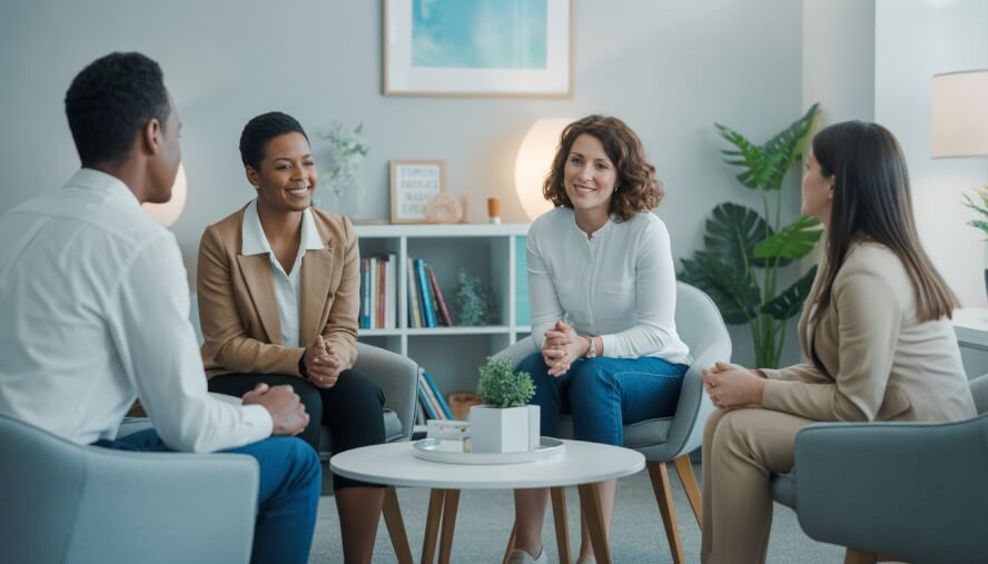 A group of therapists and clients having a supportive conversation in a comfortable therapy office.