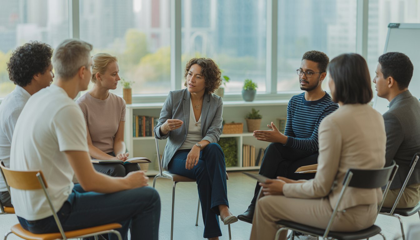 A diverse group of adults sitting in a circle in a bright room, engaged in a supportive group therapy session.