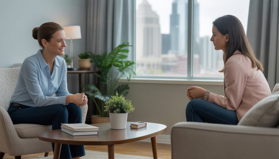 A therapist and client having a supportive conversation in a bright, comfortable therapy office with a view of Charlotte city in the background.