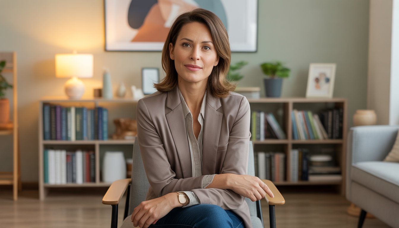 A female therapist sitting in a comfortable chair in a warm, inviting therapy office.