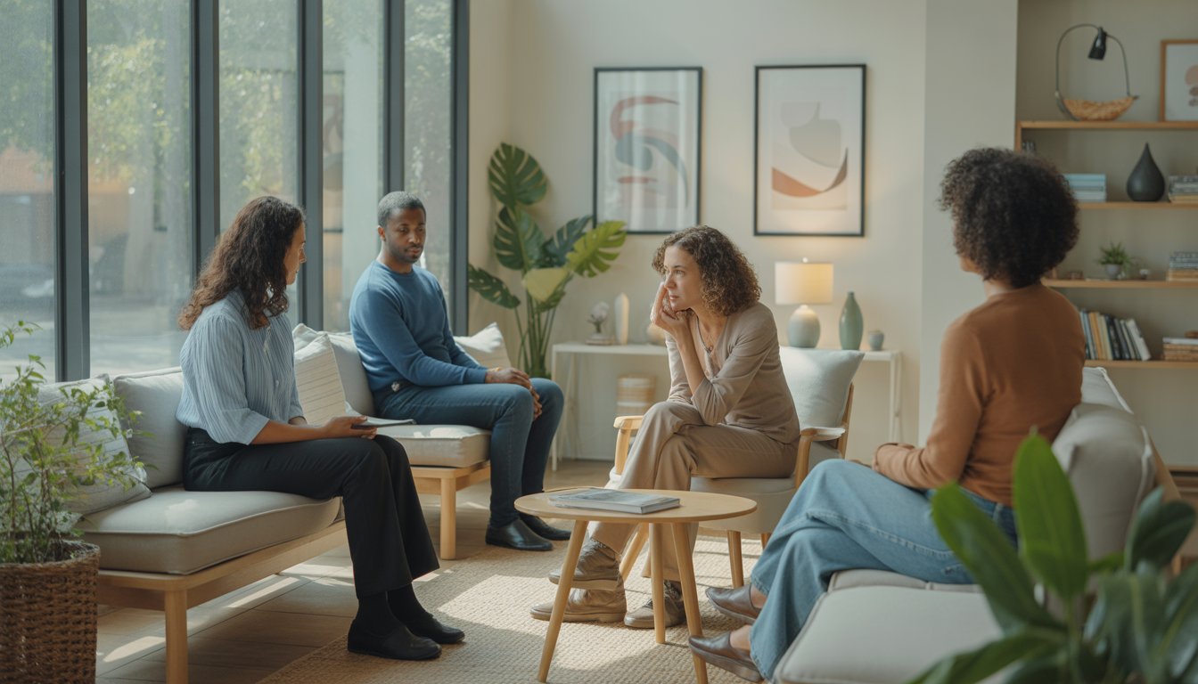 A therapist attentively listening to a client in a bright, welcoming therapy center with comfortable seating and plants.