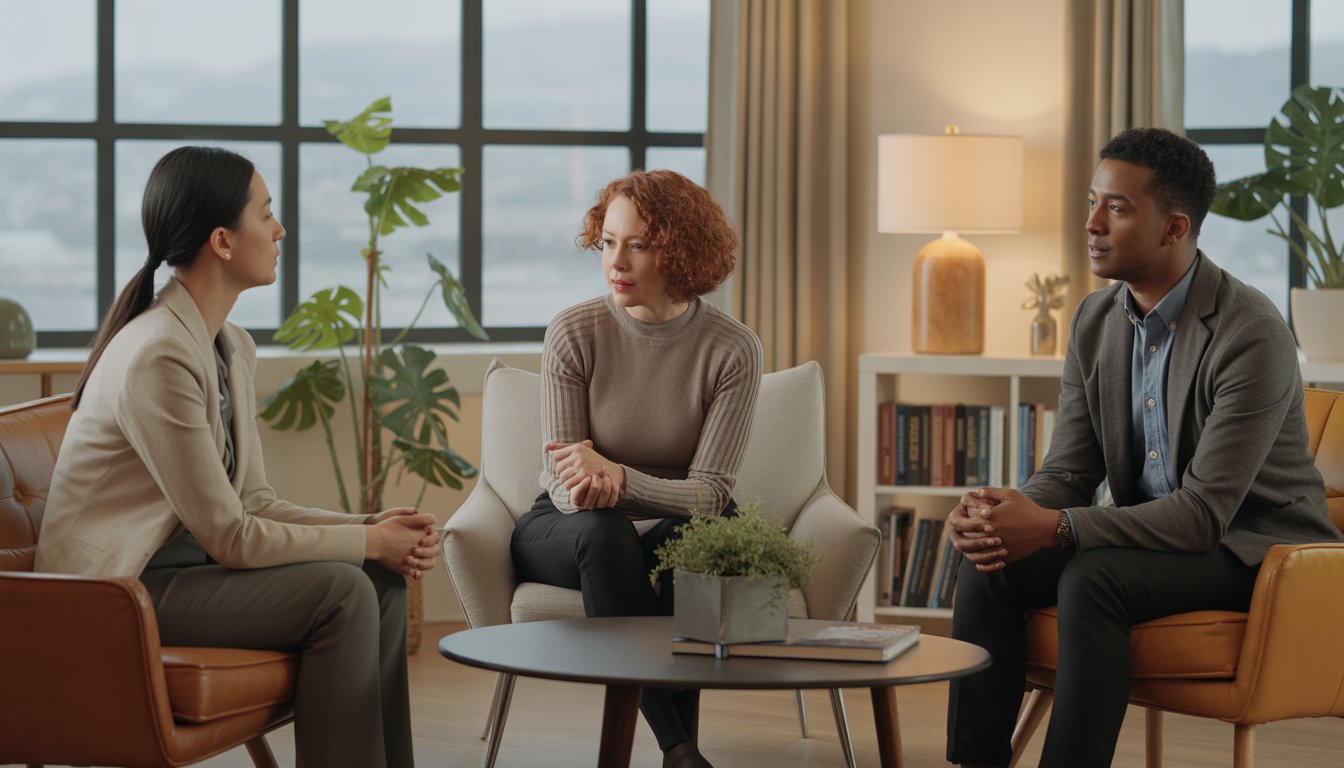 Three therapists sitting and talking in a bright, comfortable therapy office with a city view.