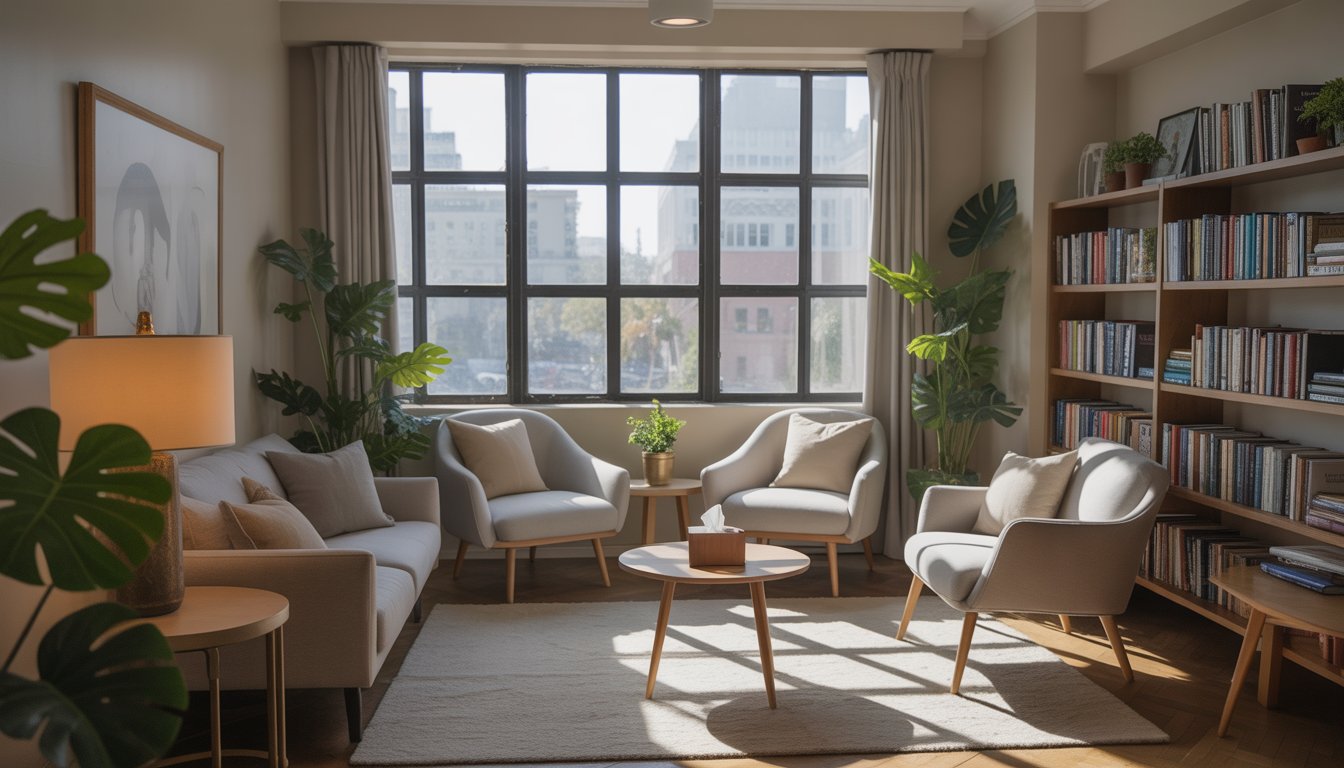 Empty therapy office with comfortable chairs, plants, and a window showing an urban city view.