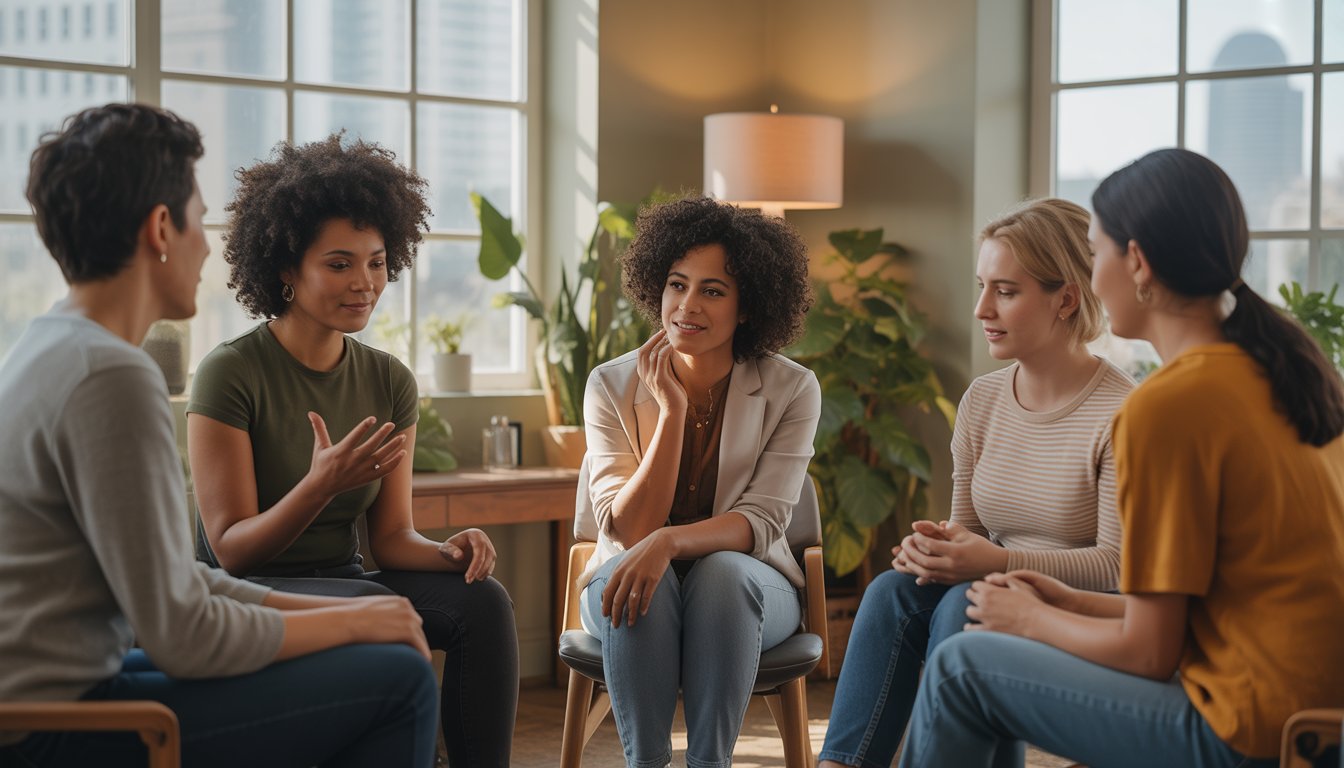 A diverse group in a bright therapy room in Oakland, with a caring therapist listening attentively to a client during a supportive group session.