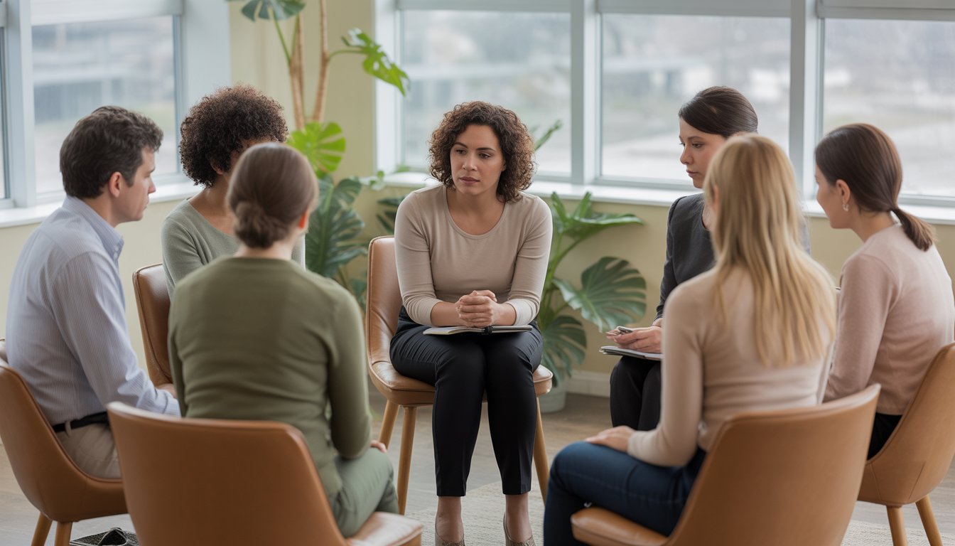 A diverse group of adults sitting in a circle in a bright room, engaged in a supportive group therapy session with a compassionate therapist.