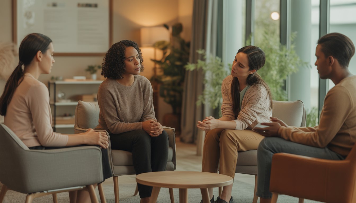 Therapists and clients engaged in a supportive therapy session in a warm, inviting room.