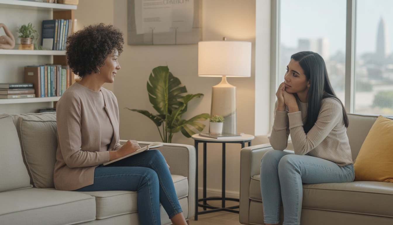 A therapist and client having a supportive conversation in a bright, comfortable therapy office with a view of Oakland city through the window.