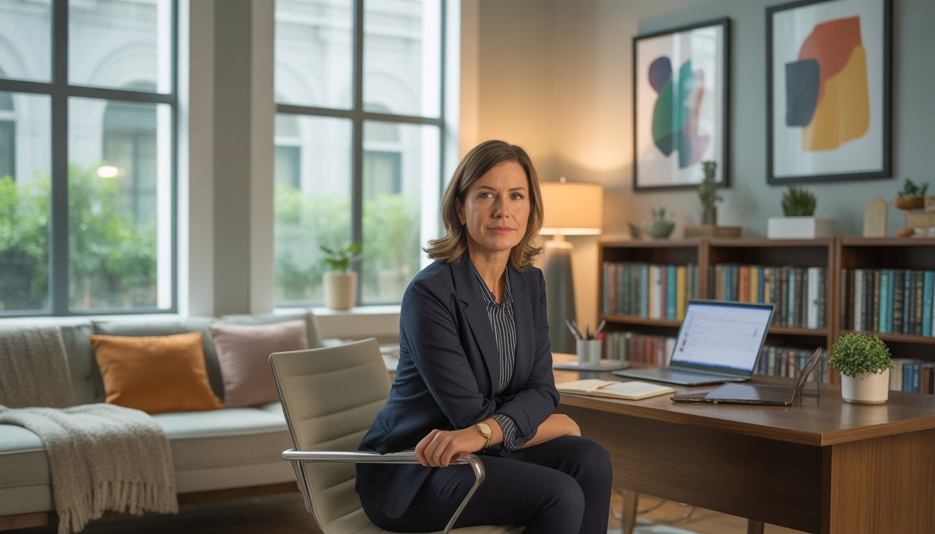 A female therapist sitting in a modern office with a calm expression, surrounded by books and plants, with a window showing New Orleans buildings outside.