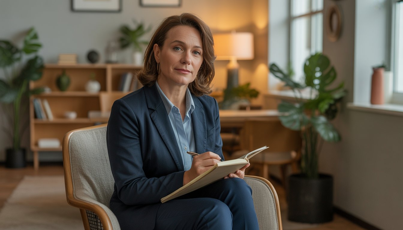 A therapist sitting in a comfortable office, looking calm and approachable, with bookshelves and plants in the background.