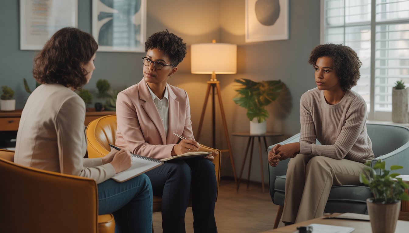 A therapist and client engaged in a supportive conversation in a warmly lit therapy office.