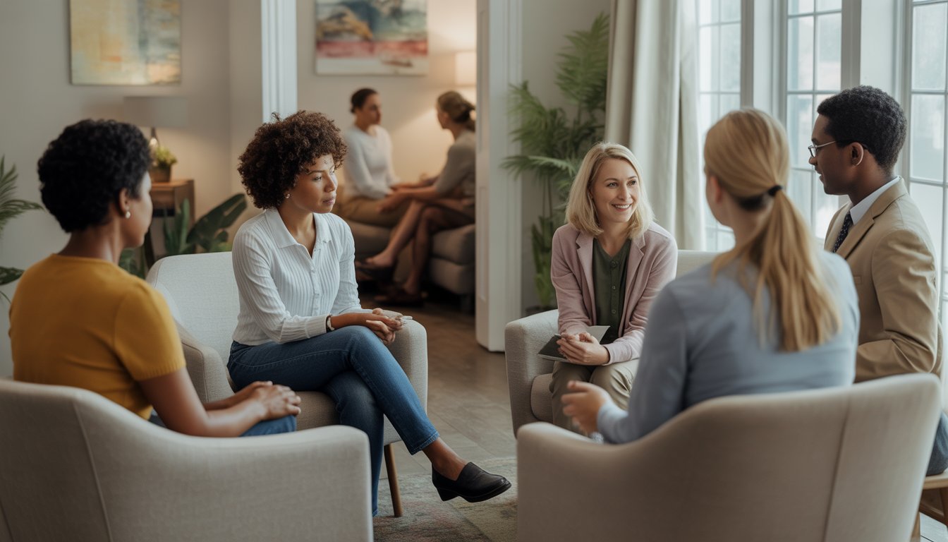 A group therapy session in a bright office with a therapist and several adults seated in a circle, with another one-on-one therapy session visible in the background.