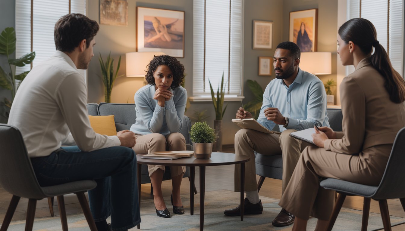 Two therapists attentively listening to a couple during a counseling session in a comfortable therapy office.