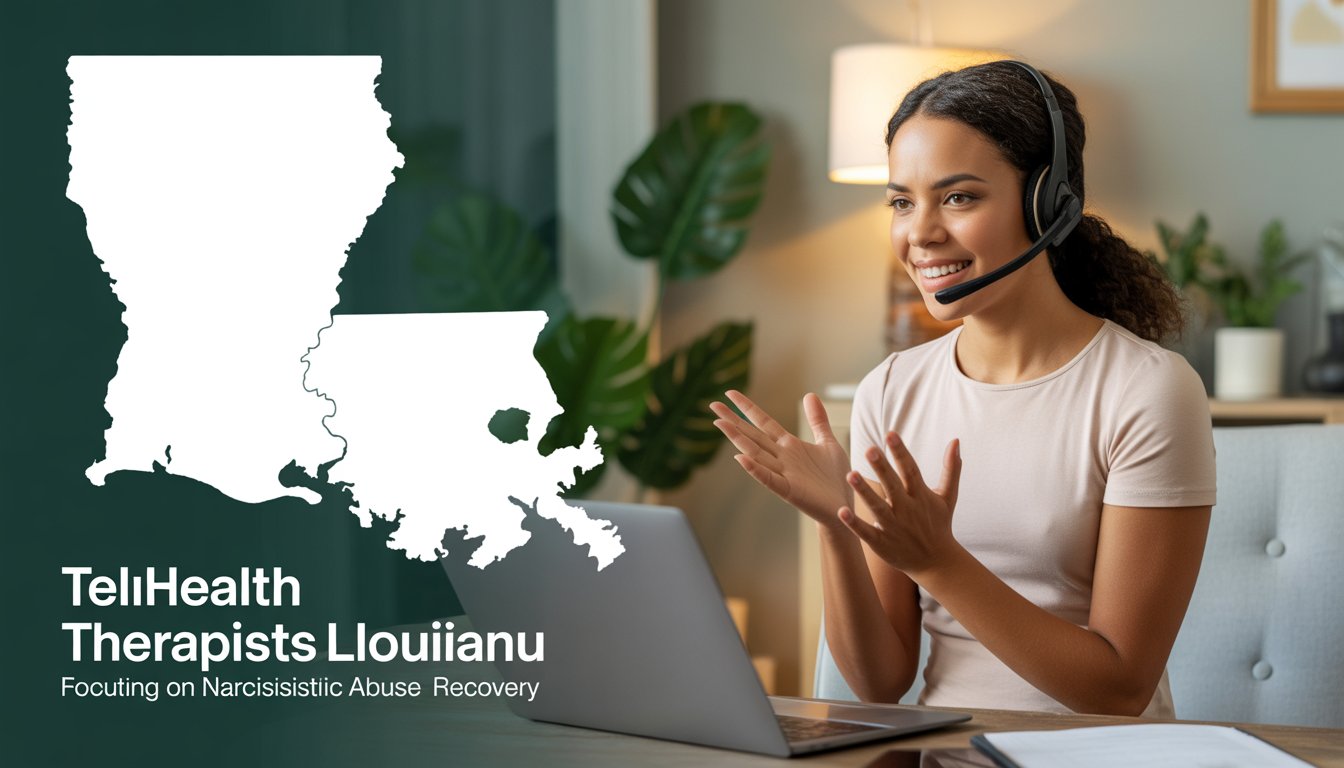 A diverse female therapist wearing a headset working on a laptop in a home office, with a faint map of Louisiana in the background.