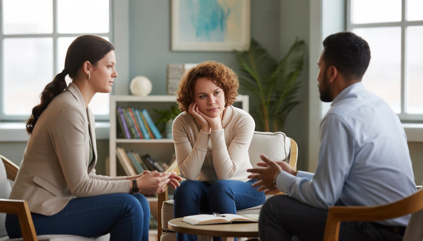Two counselors talking supportively with a client in a bright, comfortable therapy office.