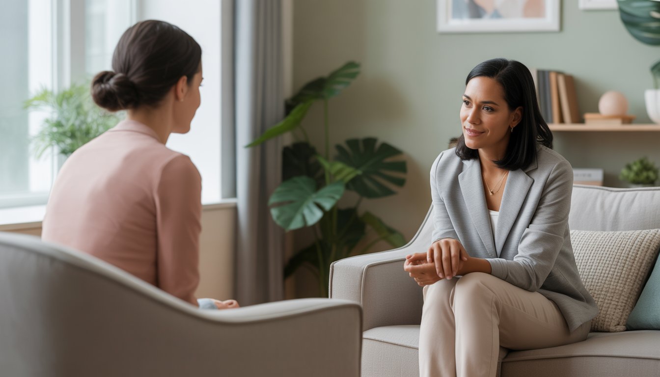 A therapist and client having a supportive conversation in a bright, comfortable therapy office.