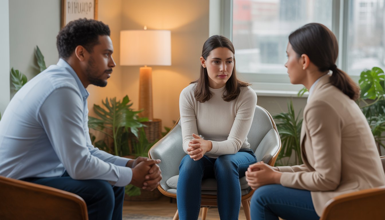 Two counselors talking with a client in a bright, comfortable therapy office with a city view.