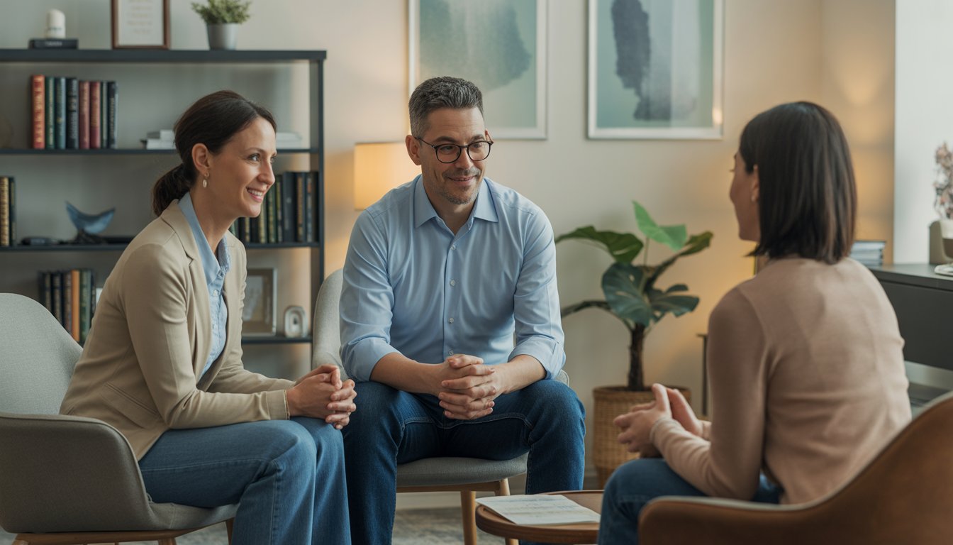 Two therapists attentively listening to an adult client in a comfortable therapy office with bookshelves and plants.